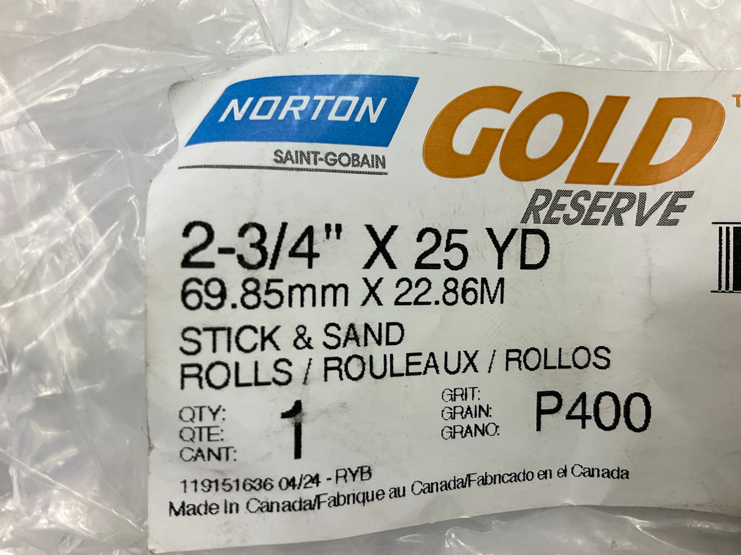 Norton 06147 2.75''x25yd 400 Grit PSA Sandpaper Dura Block GOLD Sticky Back Roll