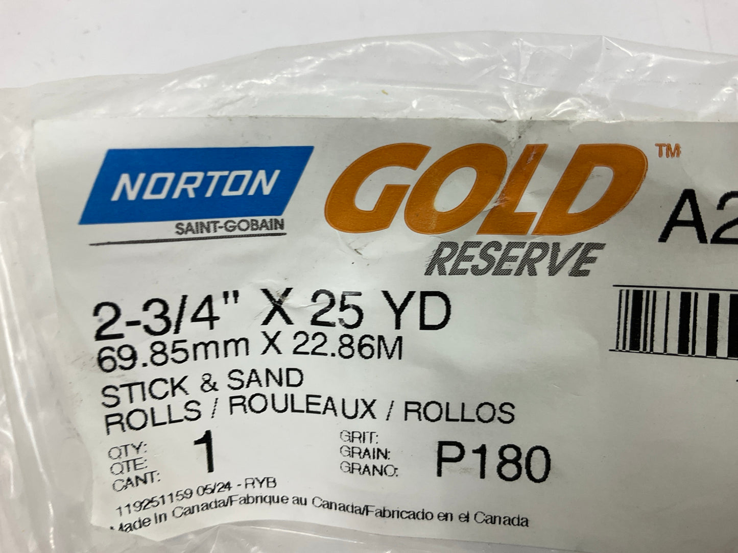 Norton 06150  2.75''x25yd 180 Grit PSA Sandpaper Dura Block GOLD Sticky Back Roll