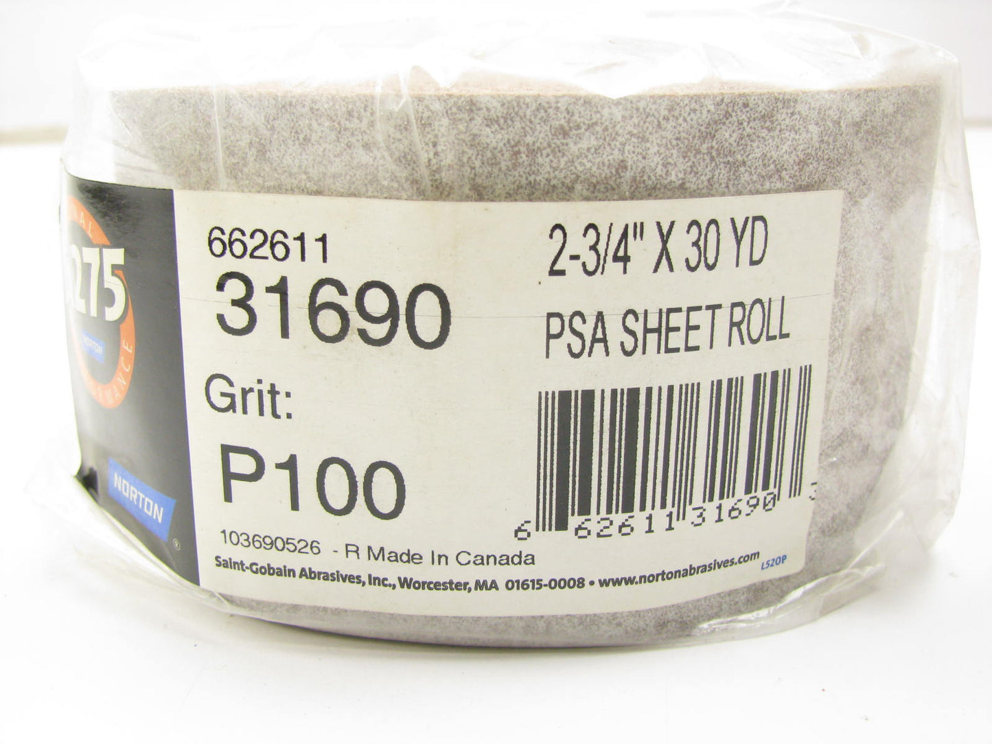 Norton 31690 A275 Champagne PSA Sanding Sheet Roll 2-3/4'' X 30 Yds Grit P100