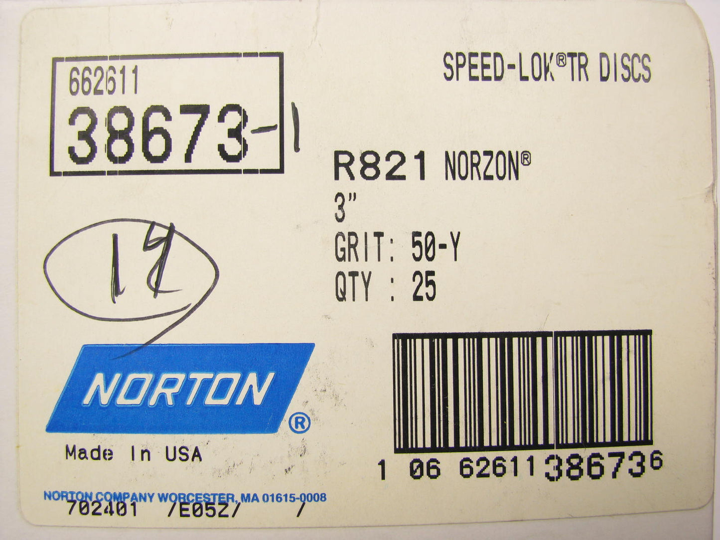 (14) Norton 38673 3'' Grinding Filing Sanding Abrasive SpeedLok Discs 50Y Grit