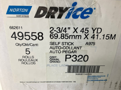 (5) Norton DryIce 49558 A975 Sanding Sheet Roll 2-3/4'' X 45 Yard, P320 Grit