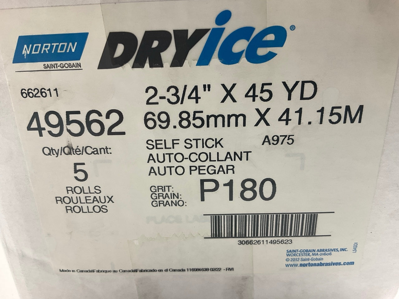 (5) Norton 49562 DryIce A975 Series Sanding Sheet Roll 2-3/4'' X 45 Yd P180 Grit