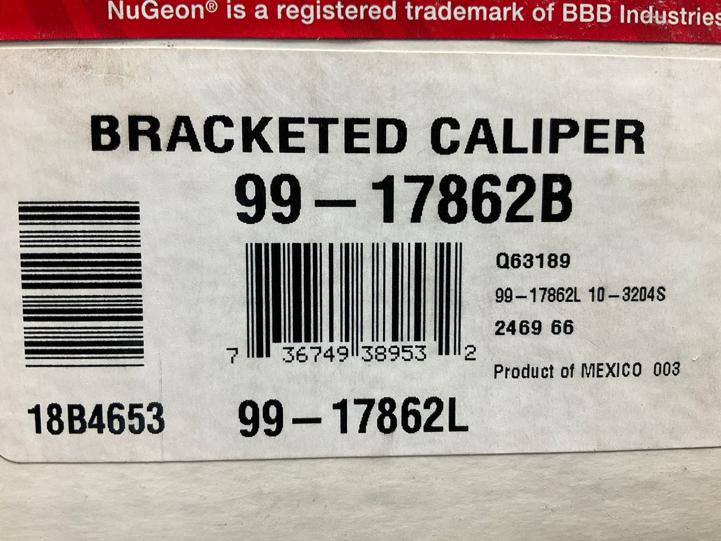 NO HARDWARE - REMAN. Nugeon 99-17862B Front Left Brake Caliper
