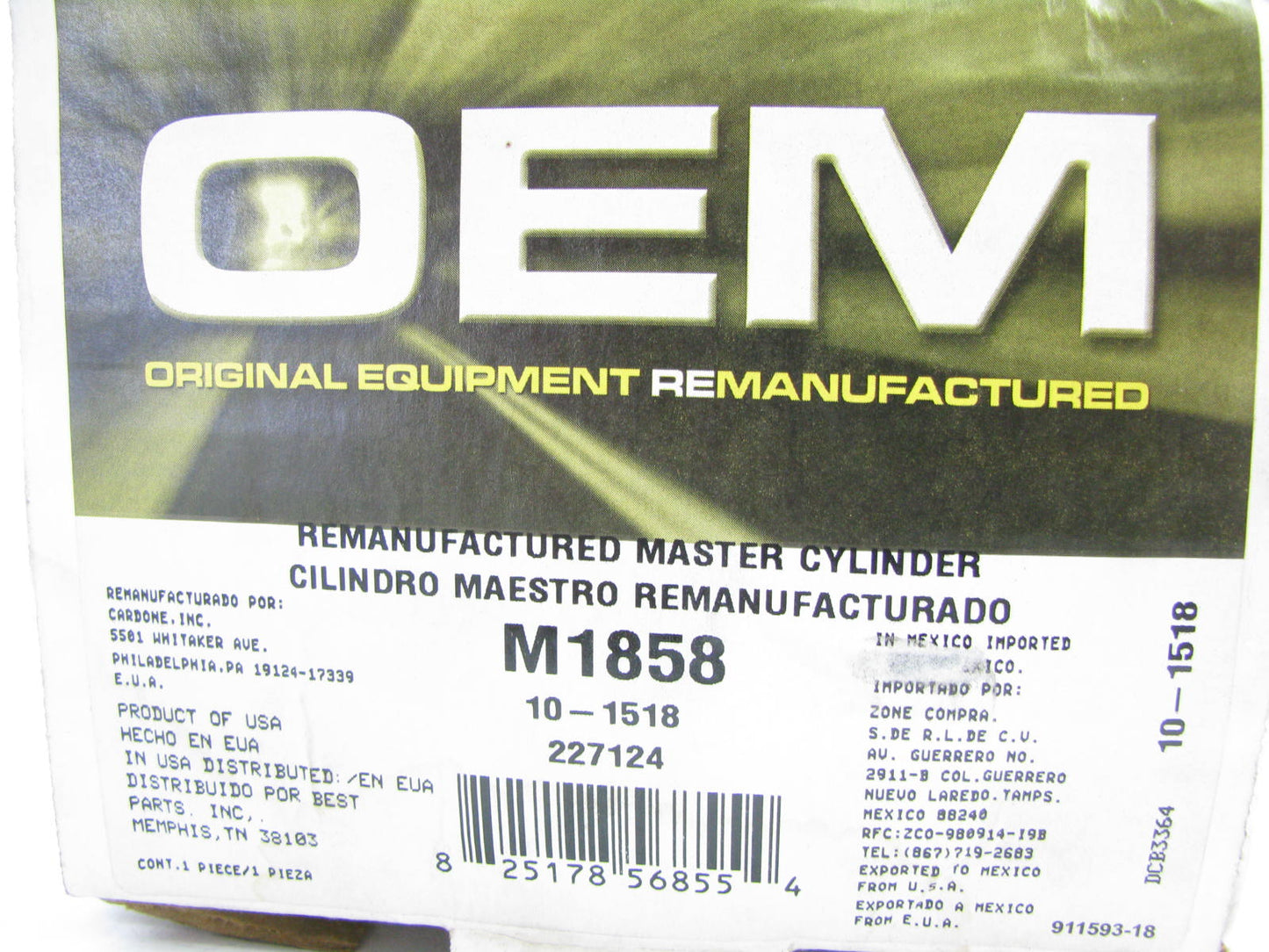 Oem Remanufacturing M1858 Reman Brake Master Cylinder