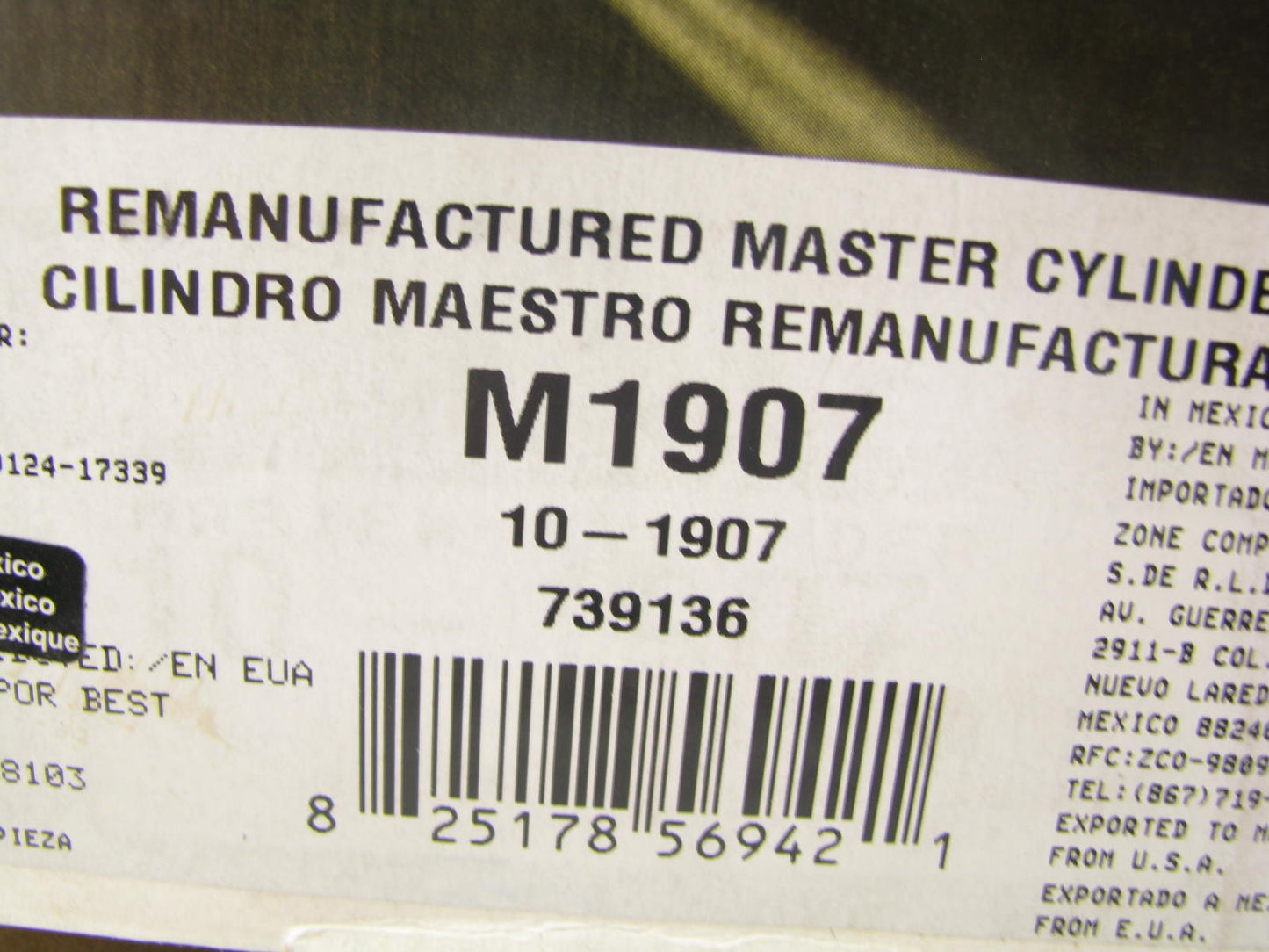 Oem Remanufacturing M1907 Reman Brake Master Cylinder
