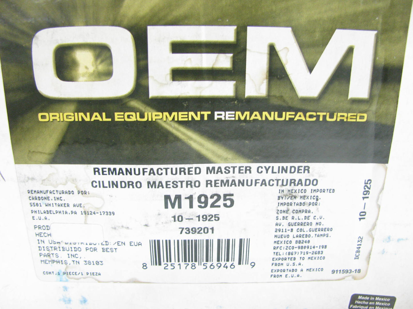 Oem Remanufacturing M1925 Reman Brake Master Cylinder