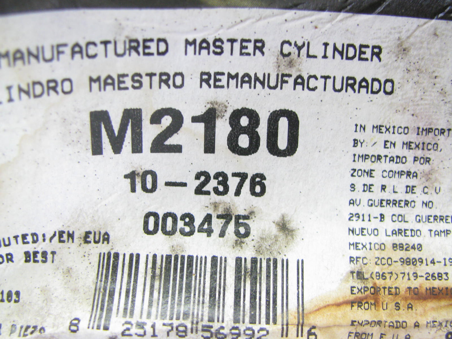Oem Remanufacturing M2180 Brake Master Cylinder W/ O Reservoir 87-89 Aerostar