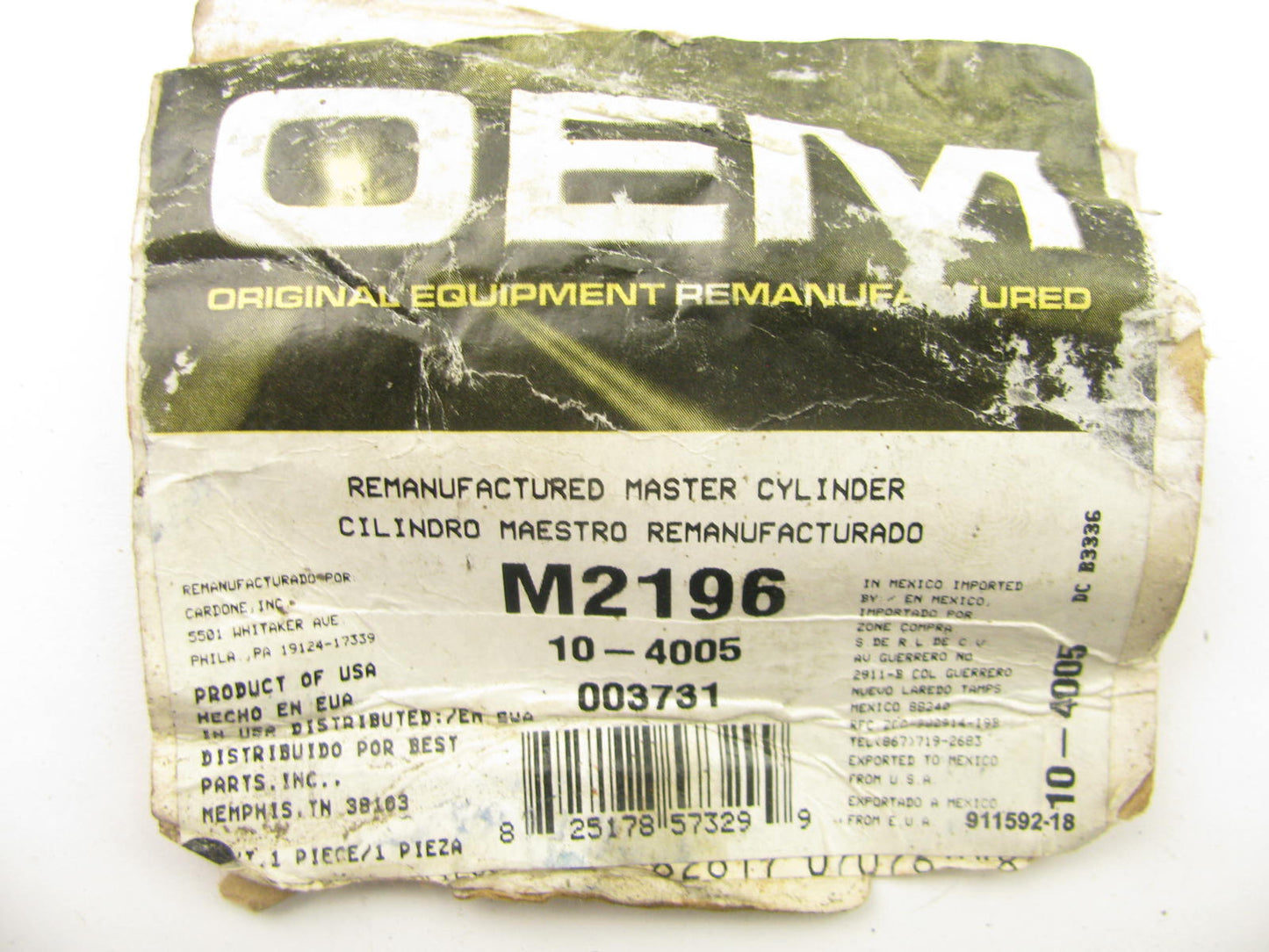 Oem Remanufacturing M2196 Reman Brake Master Cylinder W/O Reservoir