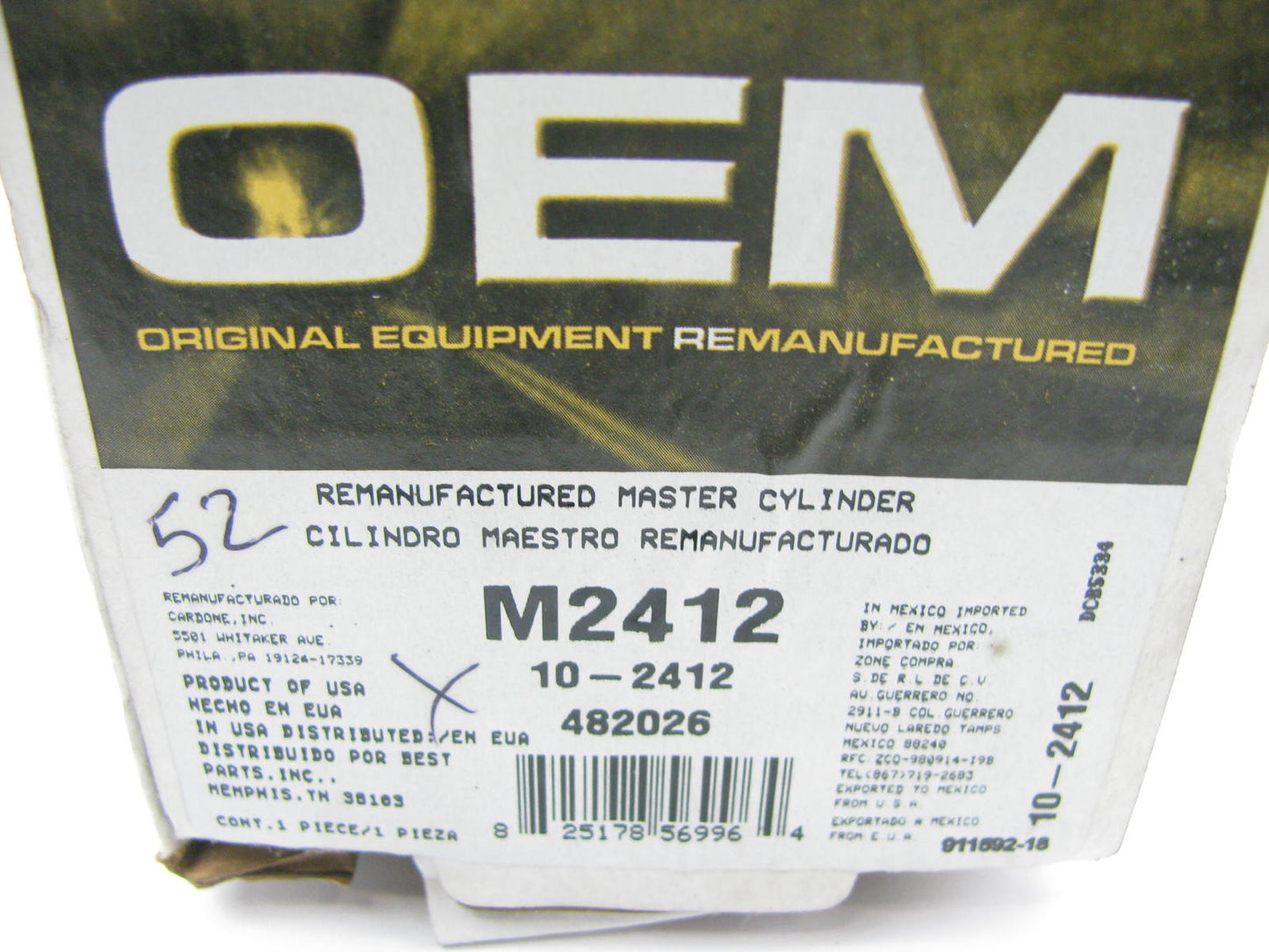 Oem Remanufacturing M2412 Reman Brake Master Cylinder W/O Reservoir