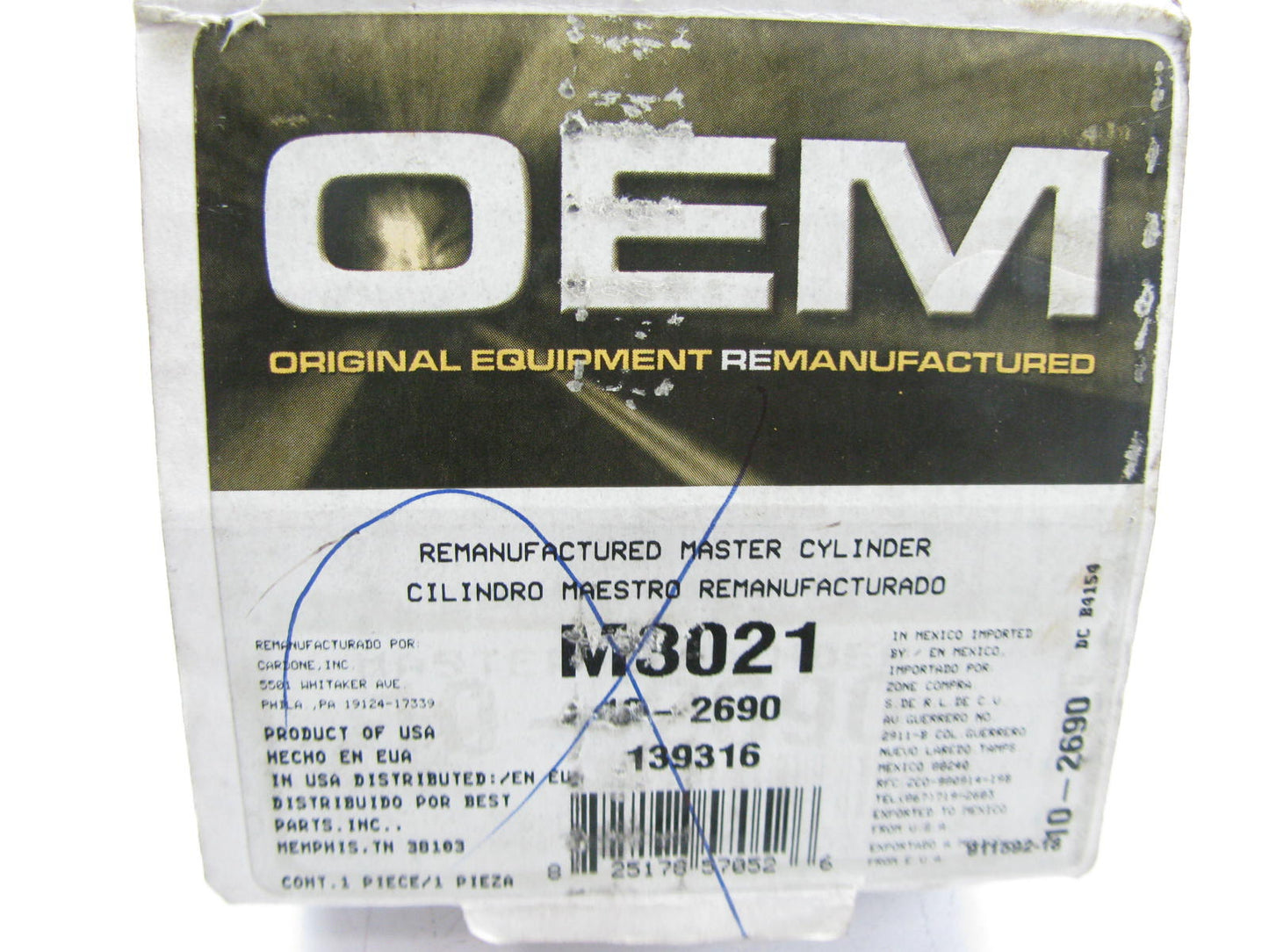 Oem Remanufacturing M3021 Reman Brake Master Cylinder W/O Reservoir