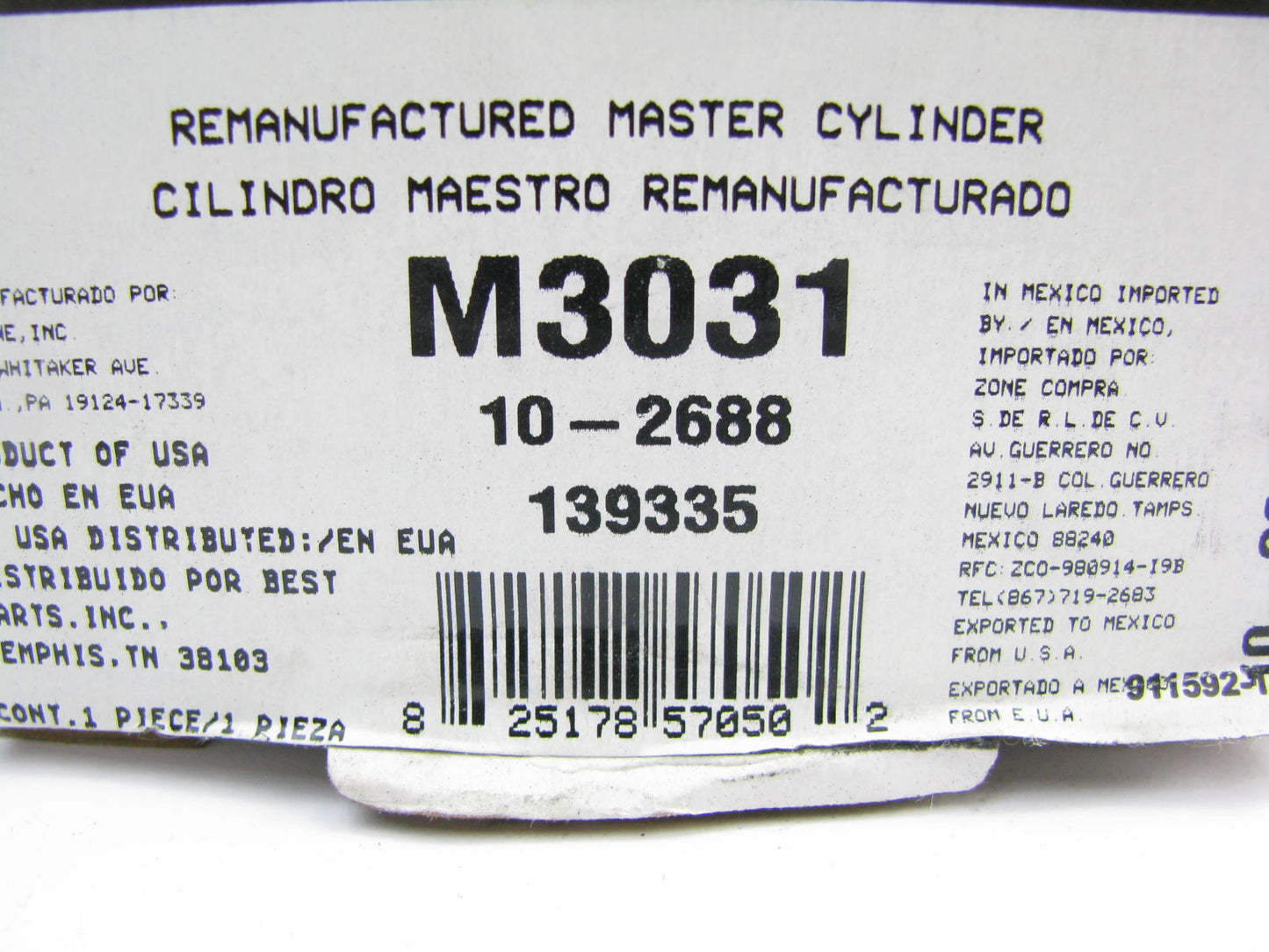 Oem Remanufacturing M3031 Brake Master Cylinder W/O Reservoir REMAN