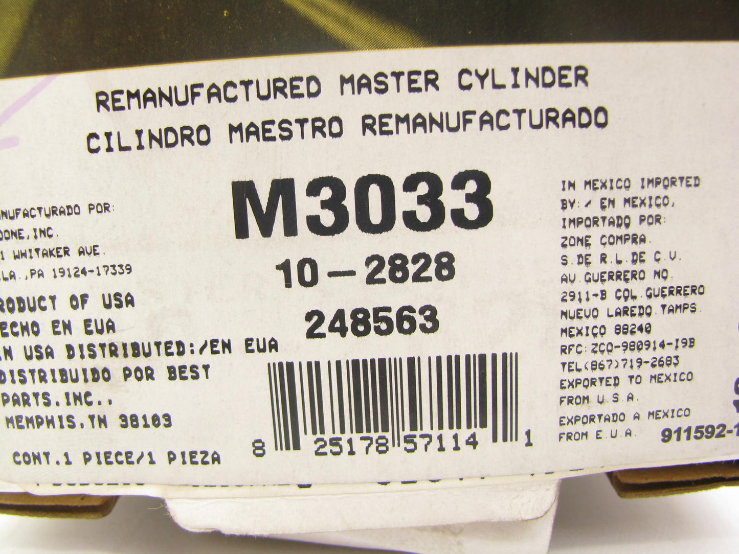 Oem Remanufacturing M3033 Reman Brake Master Cylinder W/O Reservoir