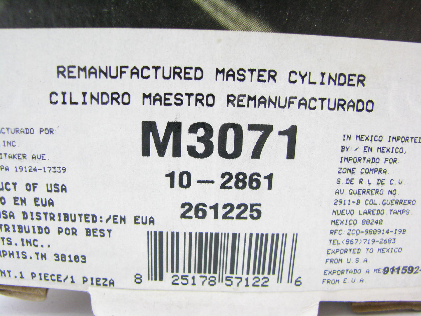 Oem Remanufacturing M3071 Brake Master Cylinder W/ O Reservoir REMAN