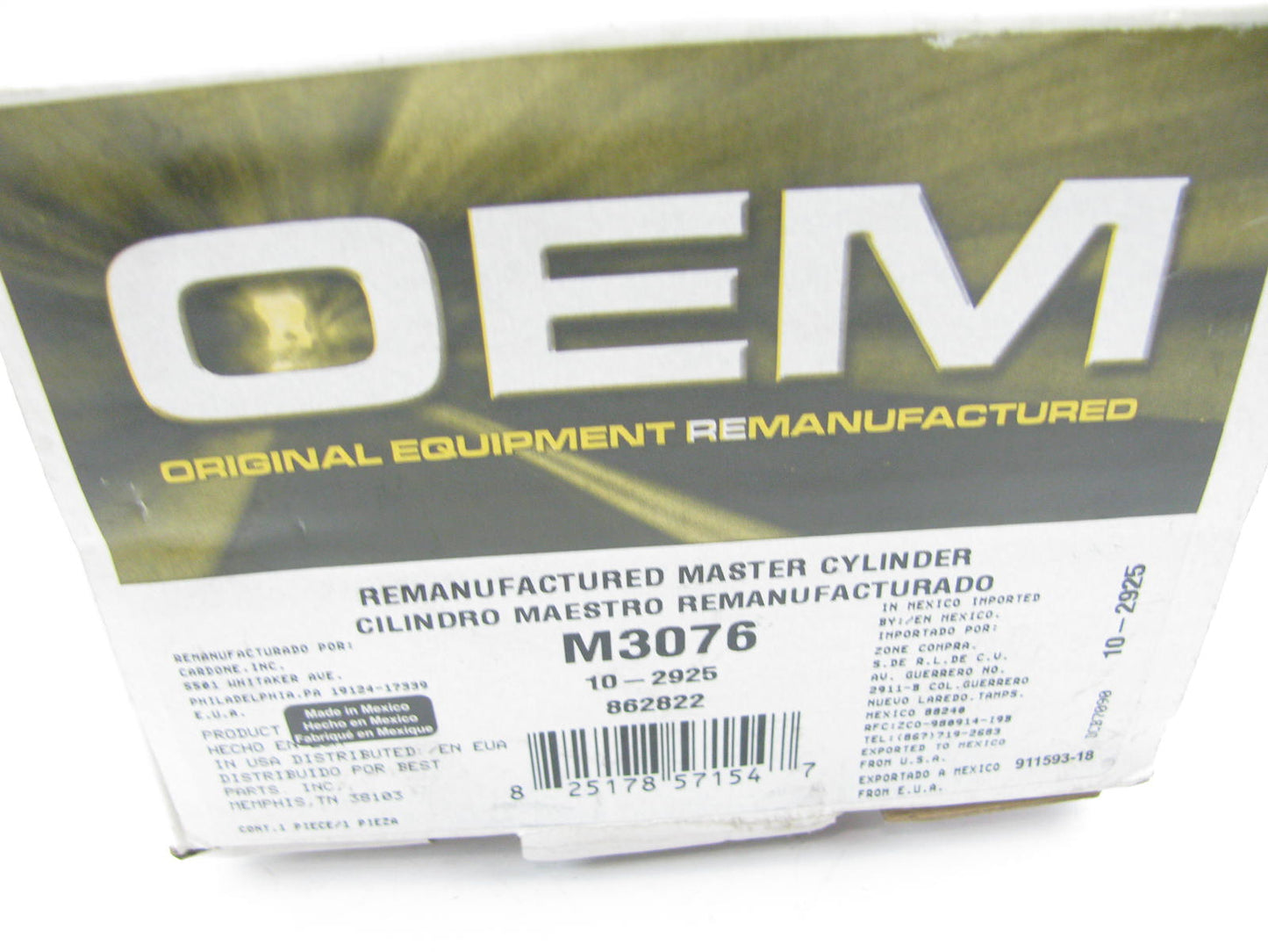 Oem Remanufacturing M3076 Reman Brake Master Cylinder W/O Reservoir