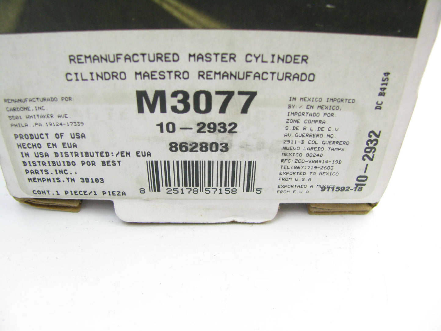 Oem Remanufacturing M3077 REMAN Brake Master Cylinder W/O Reservoir