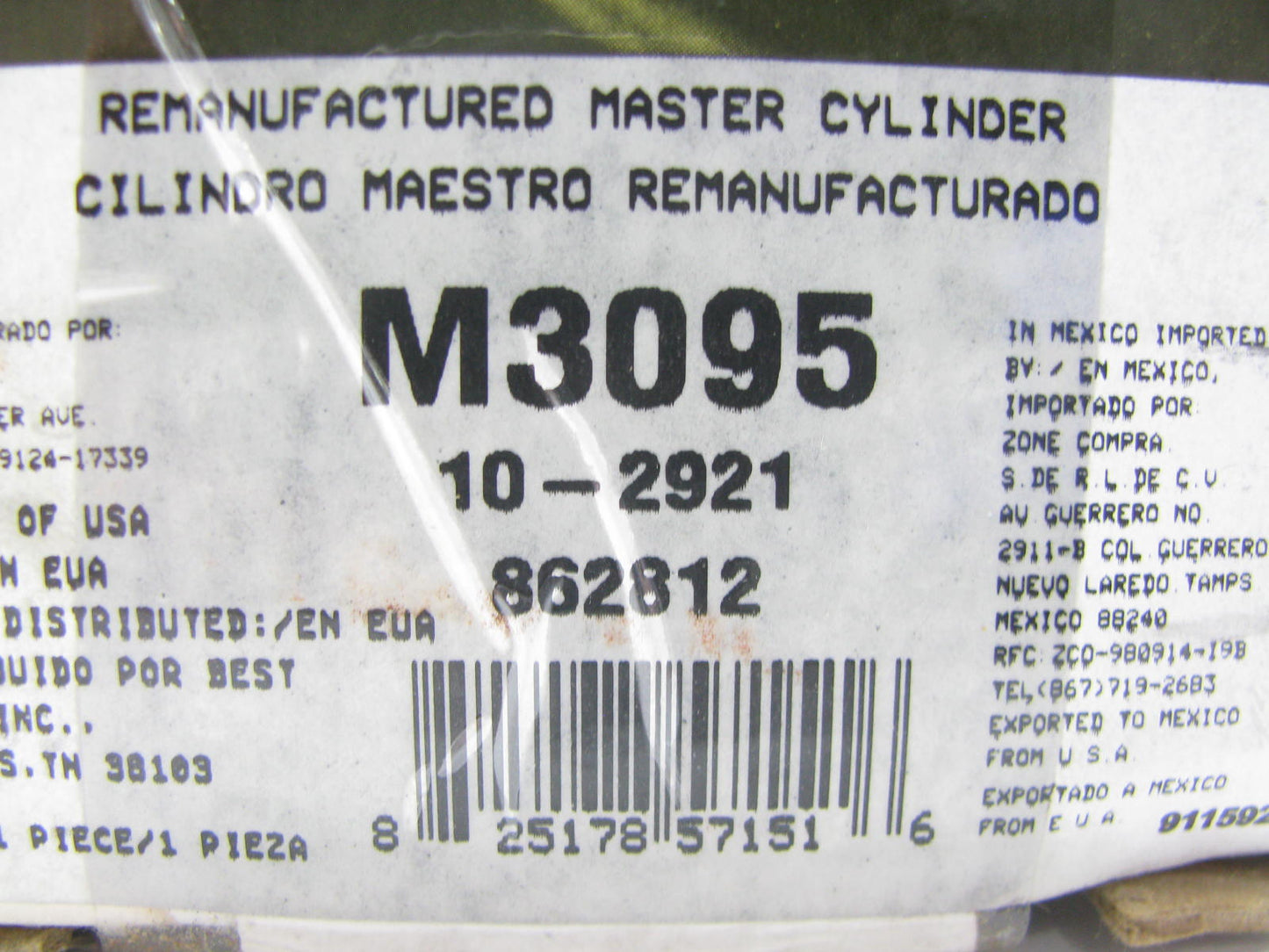 Oem Remanufacturing M3095 Reman Brake Master Cylinder W/O Reservoir