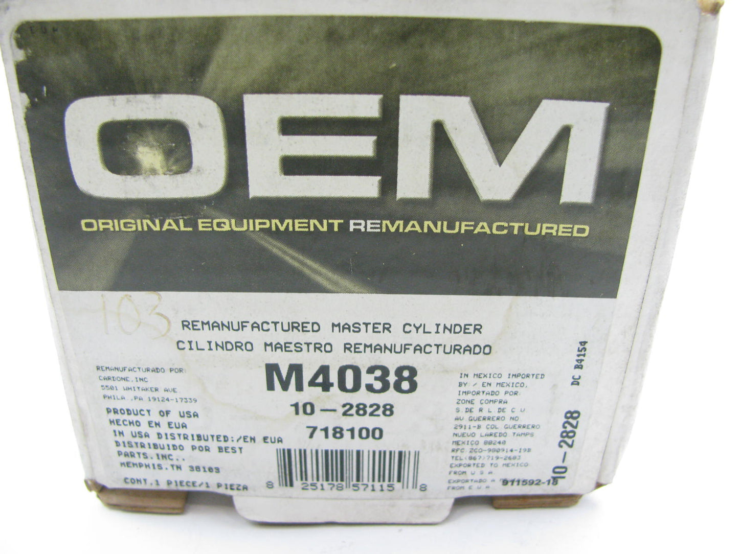 Oem Remanufacturing M4038 Brake Master Cylinder W/O Reservoir