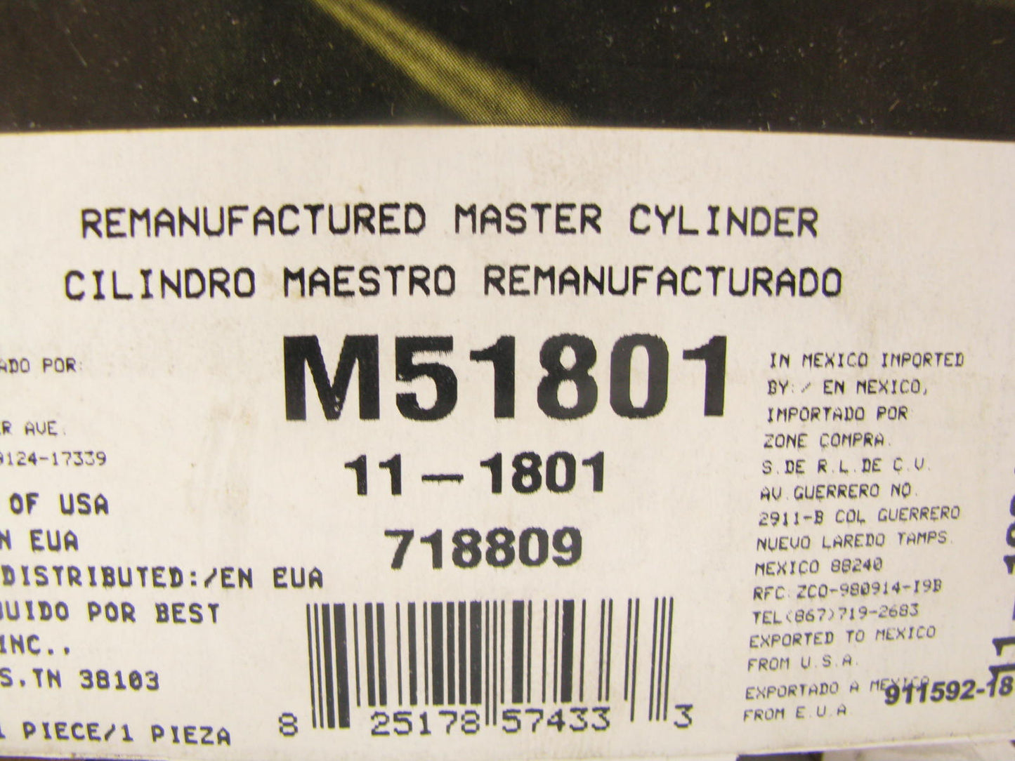 Oem Remanufacturing M51801 Reman Brake Master Cylinder W/O Reservoir