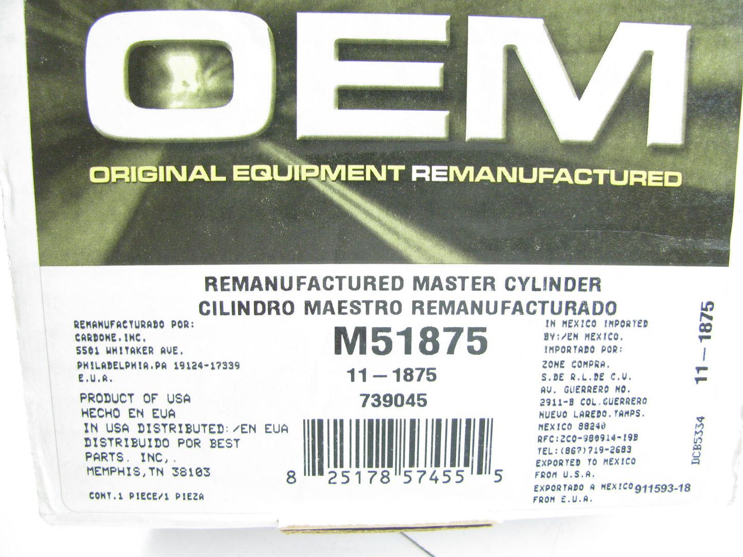 Oem Remanufacturing M51875 Reman Brake Master Cylinder W/O Reservoir