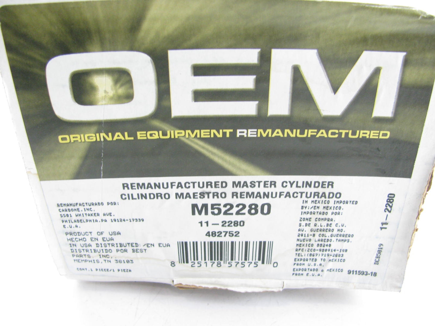 Oem Remanufacturing M52280 Reman Brake Master Cylinder W/O Reservoir