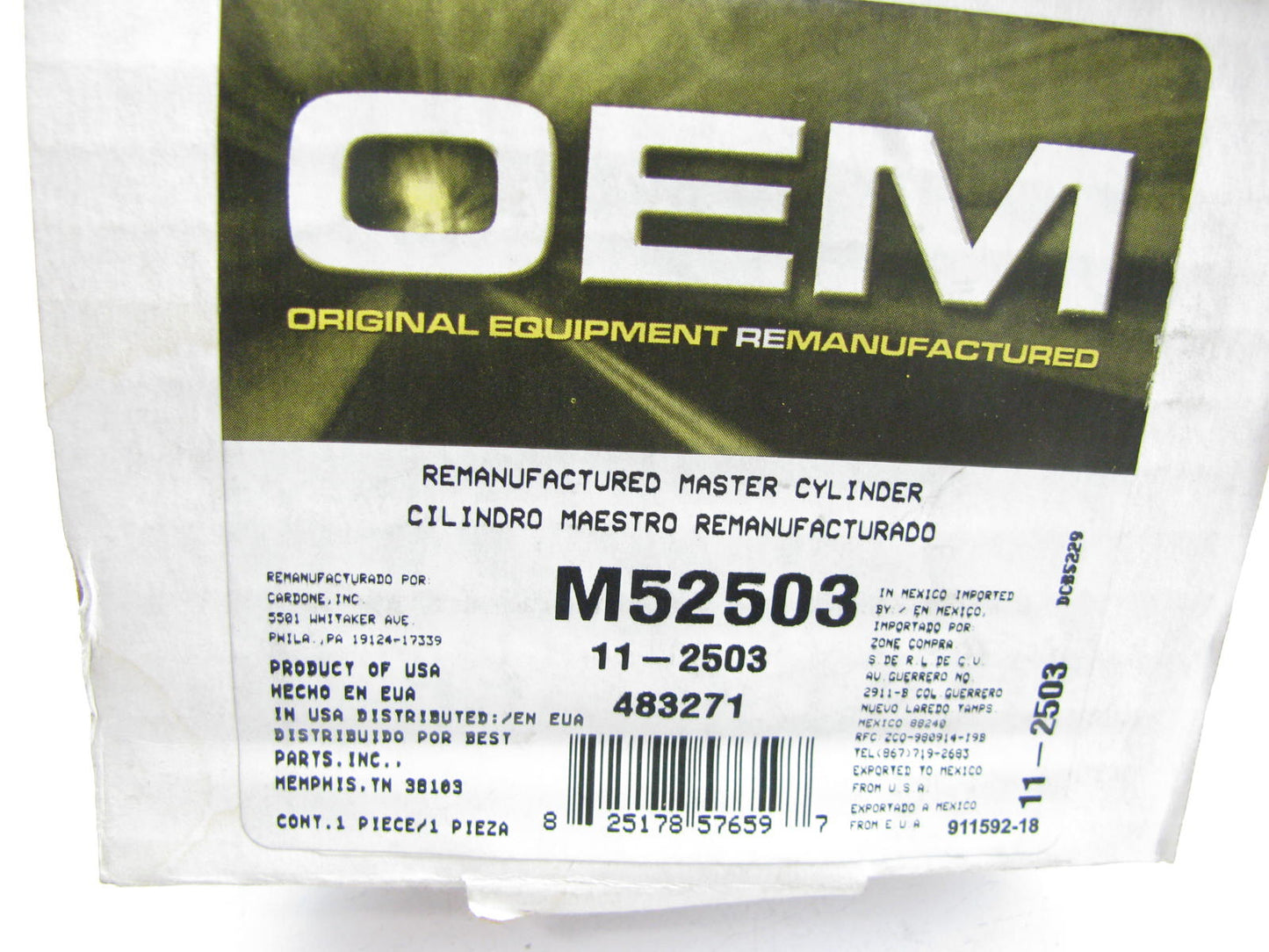 Oem Remanufacturing M52503 Reman Brake Master Cylinder