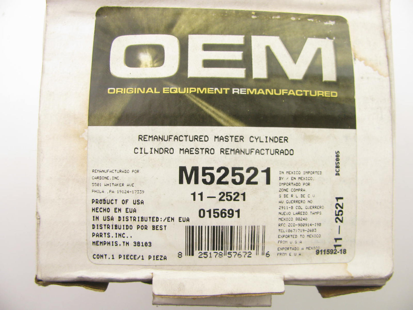 Oem Remanufacturing M52521 Reman Brake Master Cylinder W/O Reservoir