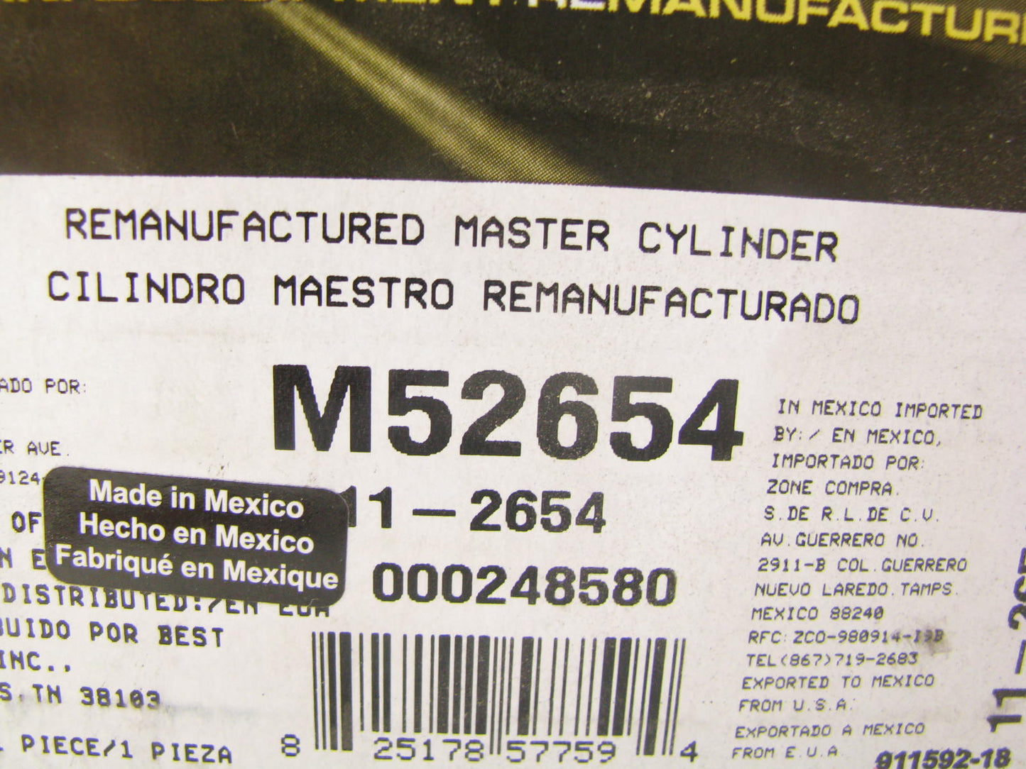 Oem Remanufacturing M52654 Brake Master Cylinder W/ O RESERVOIR