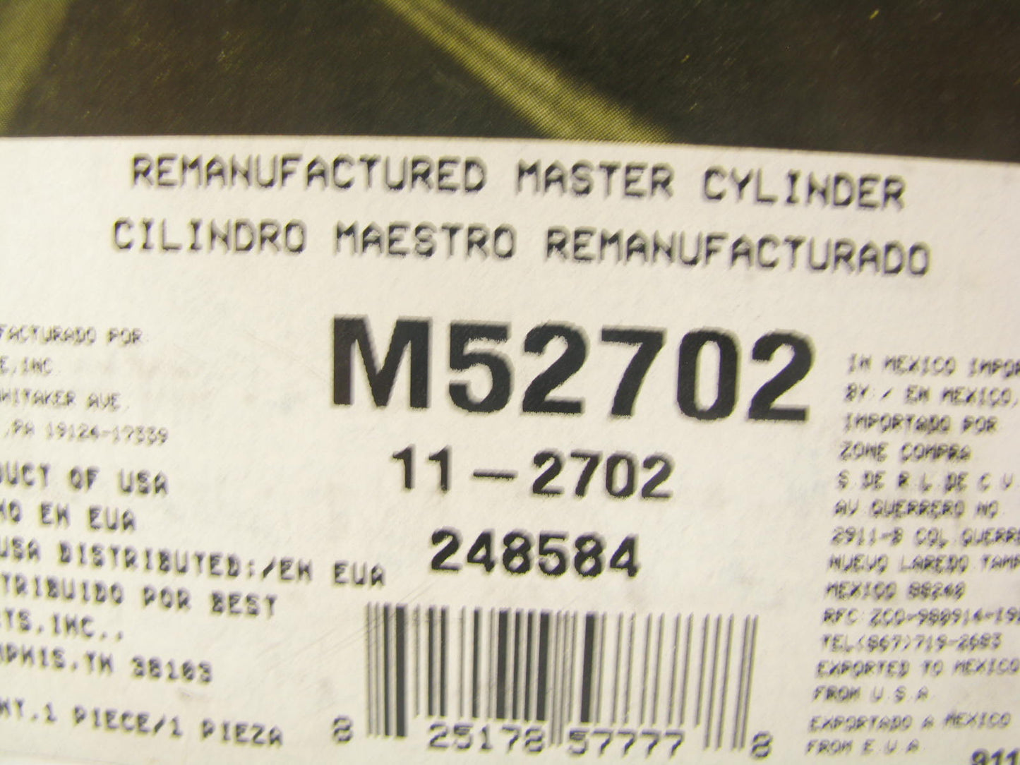 Oem Remanufacturing M52702 Reman Brake Master Cylinder W/O Reservoir