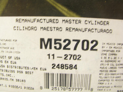 Oem Remanufacturing M52702 Reman Brake Master Cylinder W/O Reservoir