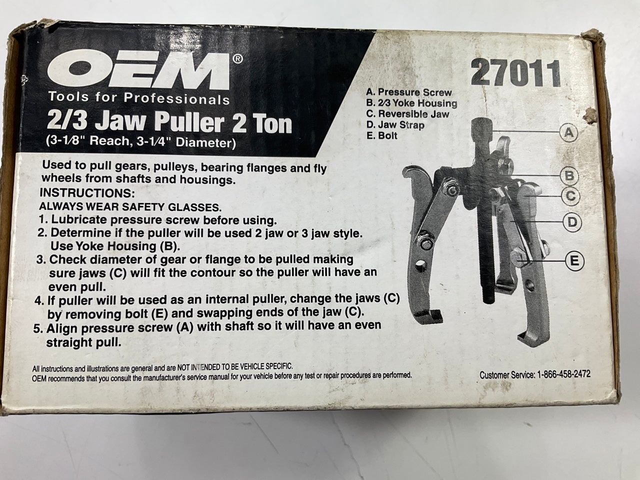 USED #6 - OEM Tools 27011 2-Ton Gear Pulley Puller, 2/3 Jaw, 3-1/4'' Spread