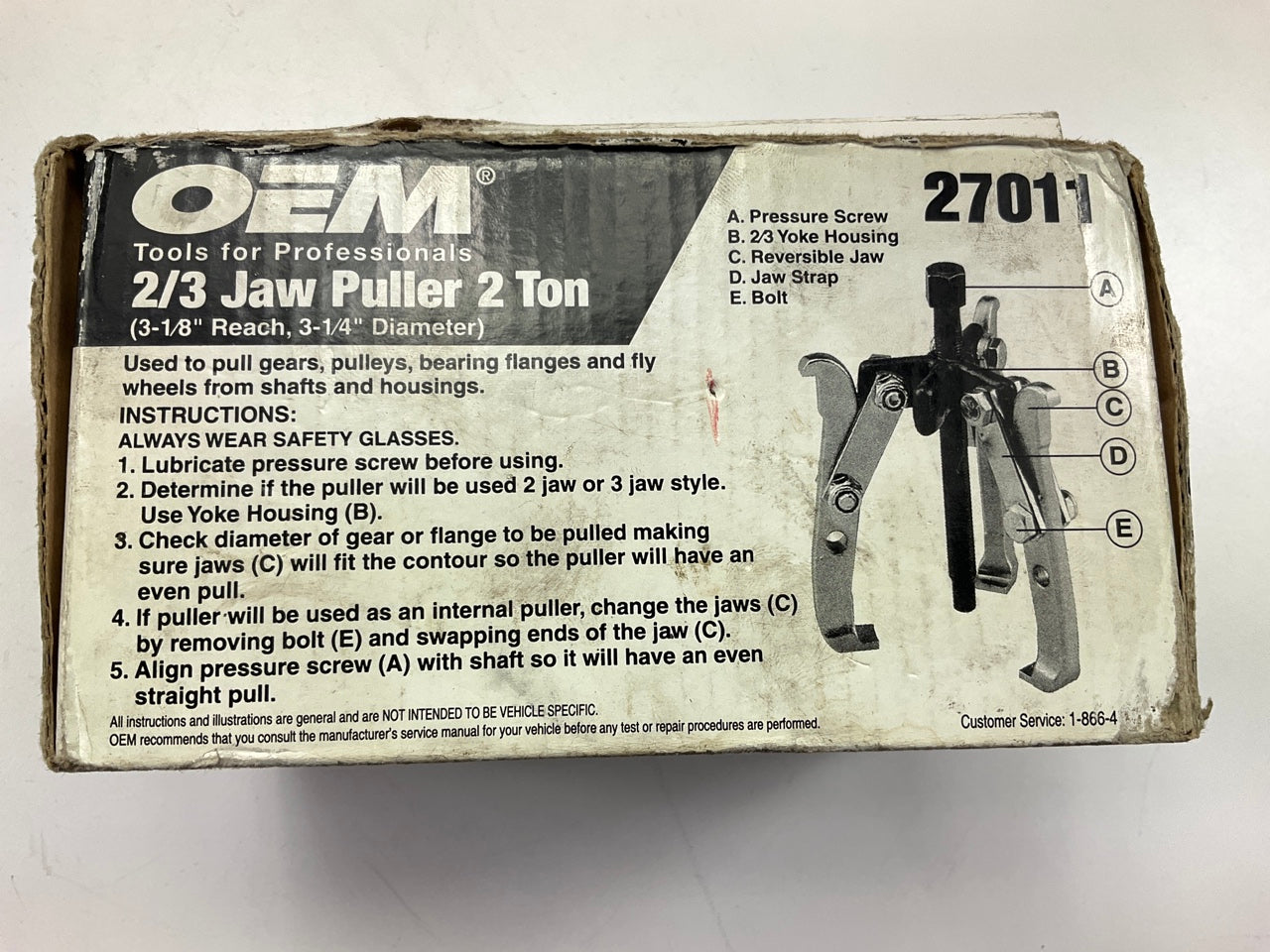 USED #1 - OEM Tools 27011 2-Ton Gear Pulley Puller, 2/3 Jaw, 3-1/4'' Spread