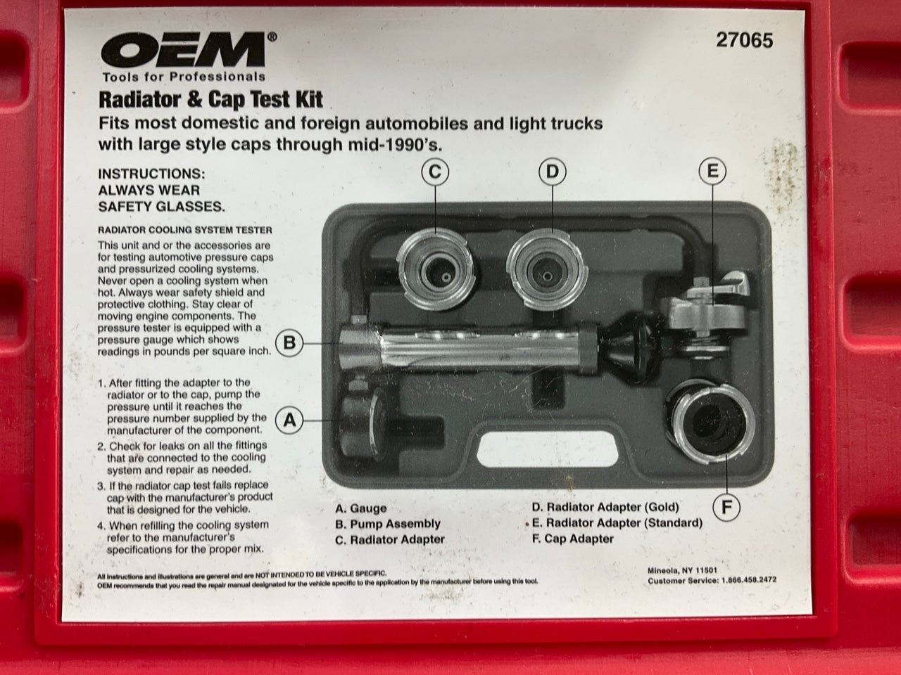 USED OEM TOOLS 27065 Radiator & Cap Test Kit Coolant System Pressure Tester Tool