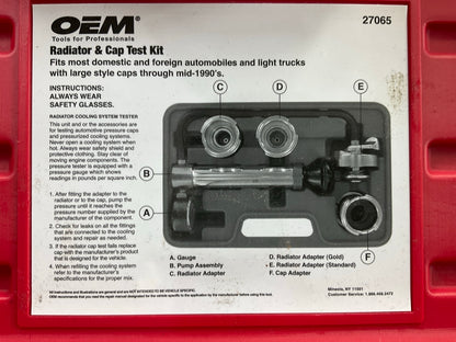 USED OEM TOOLS 27065 Radiator & Cap Test Kit Coolant System Pressure Tester Tool
