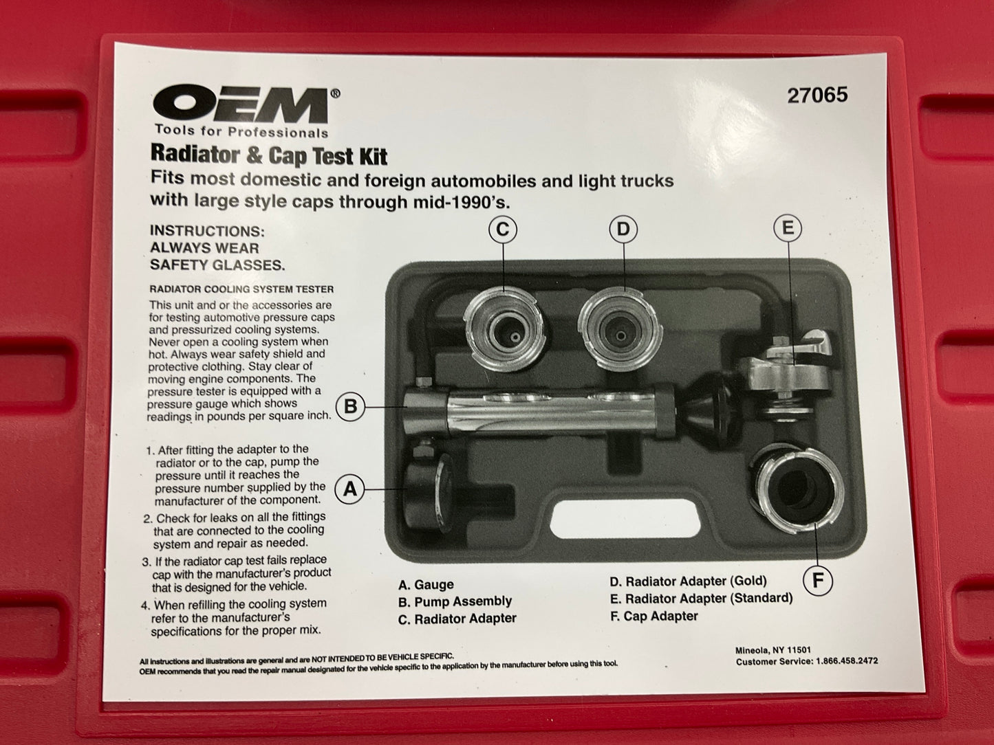 LIGHTLY USED #30 - OEM TOOLS 27065 Radiator And Cap Tool Test Kit
