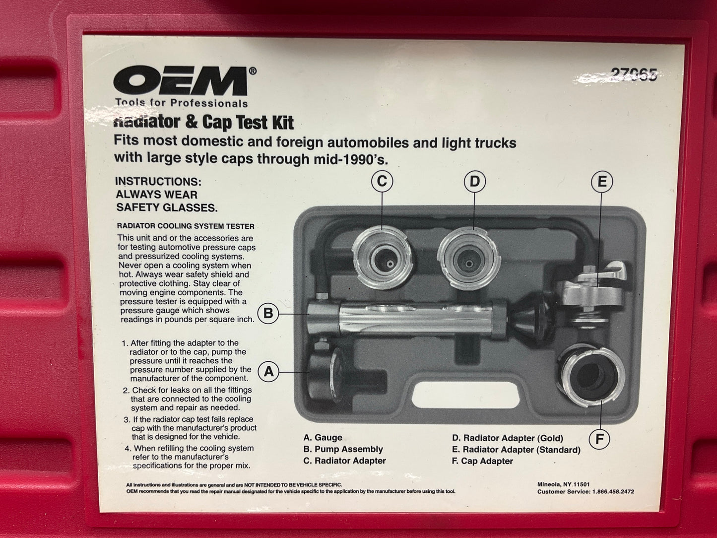 LIGHTLY USED #38 - OEM TOOLS 27065 Radiator And Cap Tool Test Kit