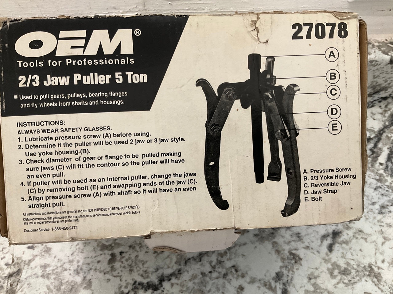 OEM Tools 27078 5 Ton 2/3 Jaw Gear Removal Puller Tool