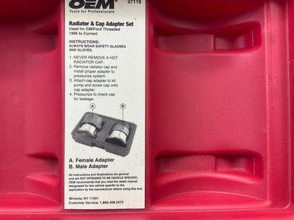 USED #15 OEM TOOLS 27118 Radiator And Cap Adapter Set 1995-UP GM & Ford Vehicles