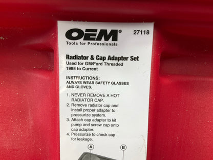 USED #19 OEM TOOLS 27118 Radiator And Cap Adapter Set 1995-UP GM & Ford Vehicles