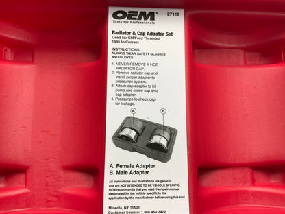 USED #22 OEM TOOLS 27118 Radiator And Cap Adapter Set 1995-UP GM & Ford Vehicles