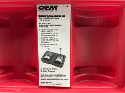 USED #28 OEM TOOLS 27118 Radiator And Cap Adapter Set 1995-UP GM & Ford Vehicles