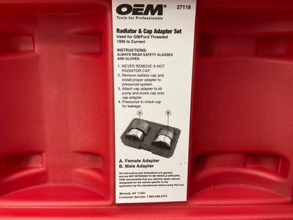 OEM TOOLS 27118 Radiator And Cap Adapter Set For 1995-UP GM & Ford Vehicles