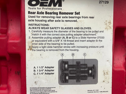 USED #13 OEM Tools 27129 Rear Axle Bearing Remover Tool Set