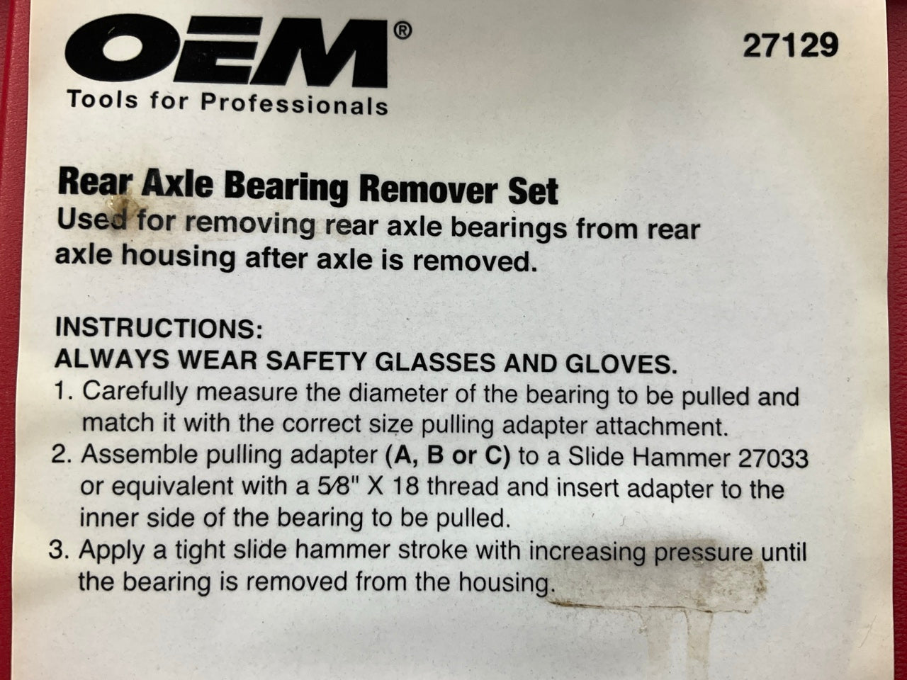 USED #21 OEM Tools 27129 Rear Axle Bearing Remover Tool Set