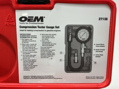 USED #16 - OEM TOOLS 27138 Engine Cylinder Compression Tester Gauge Tool Set Kit