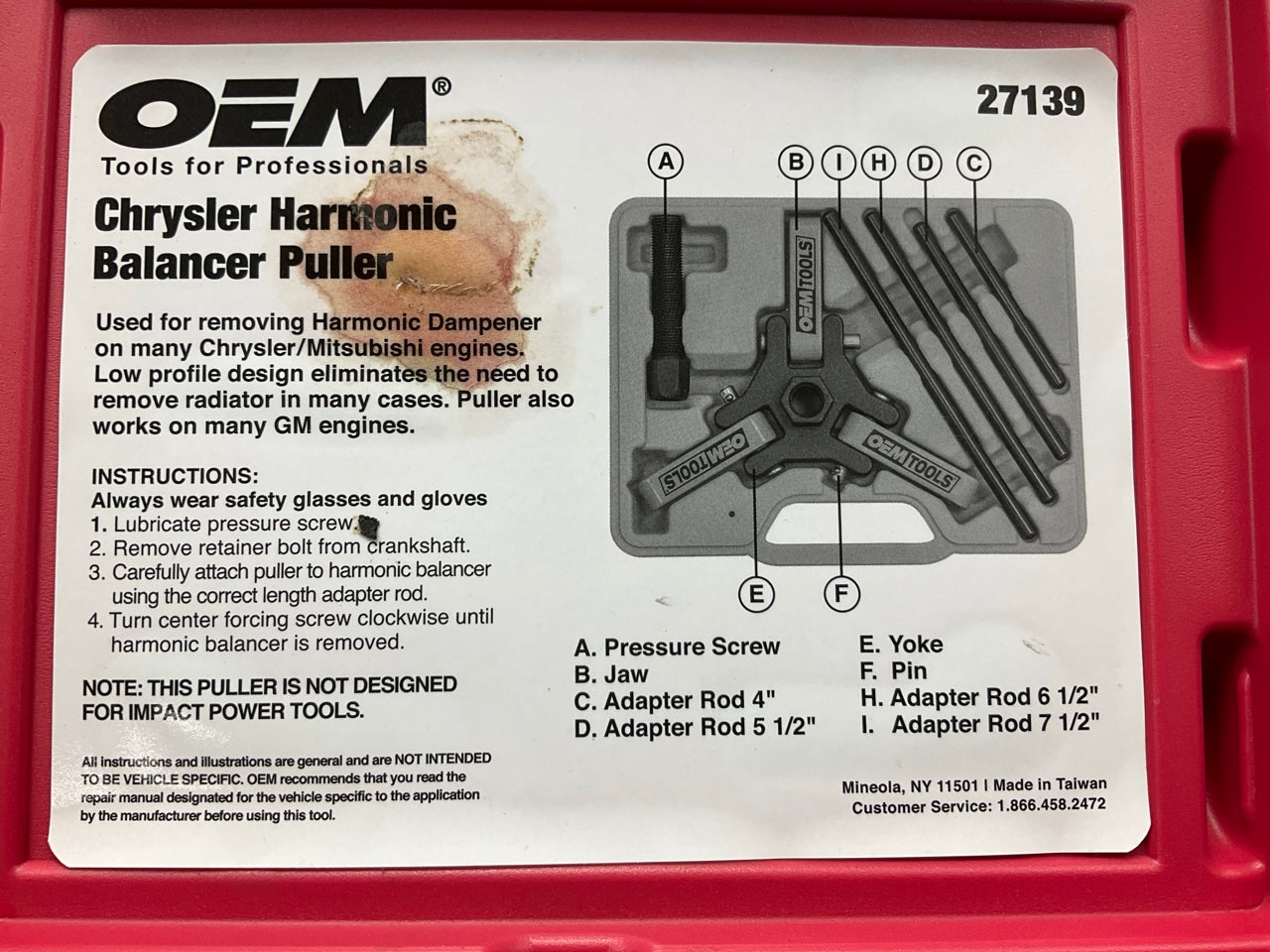 USED #10 OEM TOOLS 27139 Harmonic Damper, Balancer Removal Tool Set For Chrysler