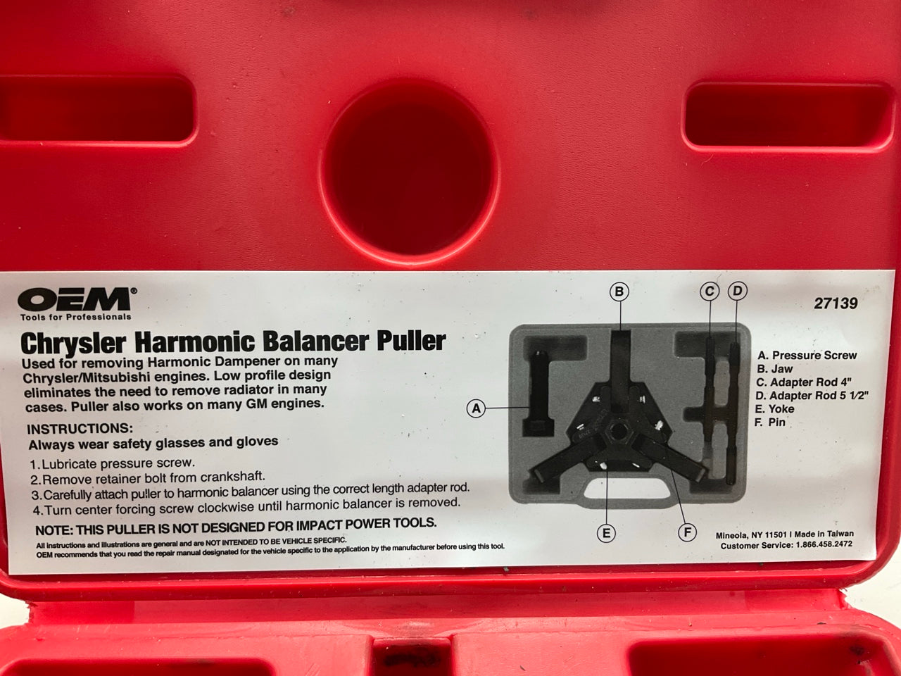 USED #11 OEM TOOLS 27139 Harmonic Damper, Balancer Removal Tool Set For Chrysler