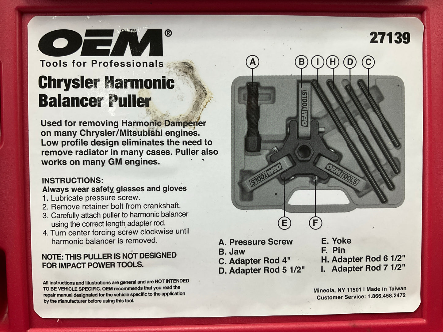USED #20 OEM TOOLS 27139 Harmonic Damper, Balancer Removal Tool Set For Chrysler