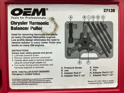 USED #20 OEM TOOLS 27139 Harmonic Damper, Balancer Removal Tool Set For Chrysler