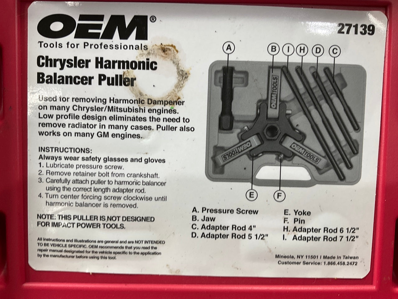 USED #8 OEM TOOLS 27139 Harmonic Damper, Balancer Removal Tool Set For Chrysler