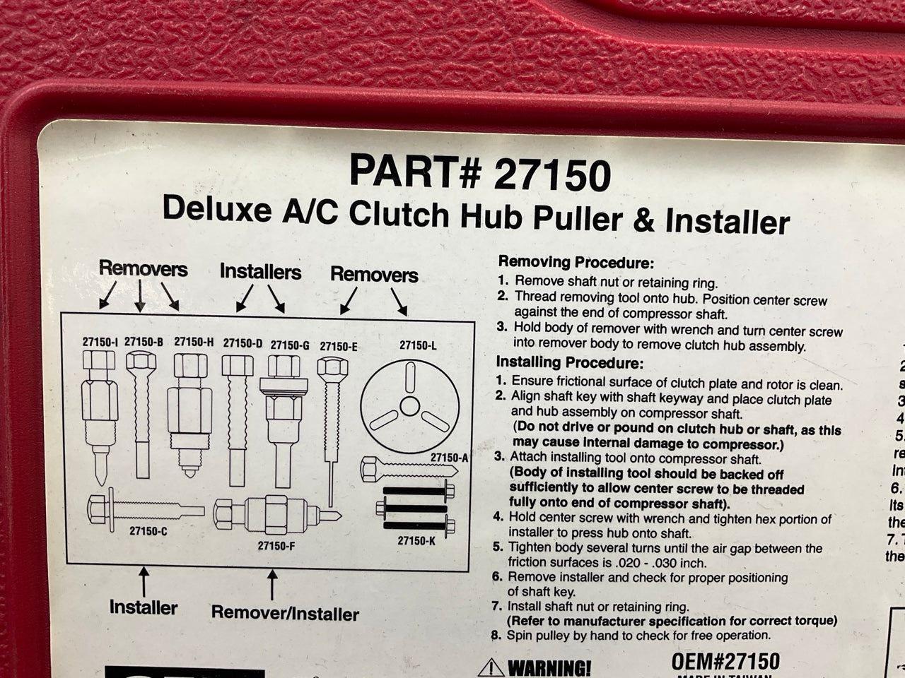 USED #20 OEM TOOLS 27150 A/C Compressor Clutch Hub Removal Install Tool Set Kit